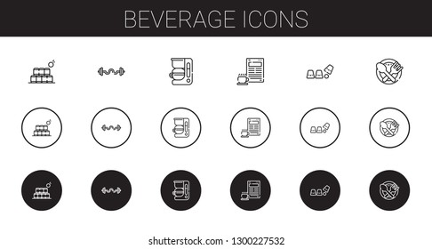 beverage icons set. Collection of beverage with bottles, bars, coffee maker, coffee, cup, food. Editable and scalable beverage icons.