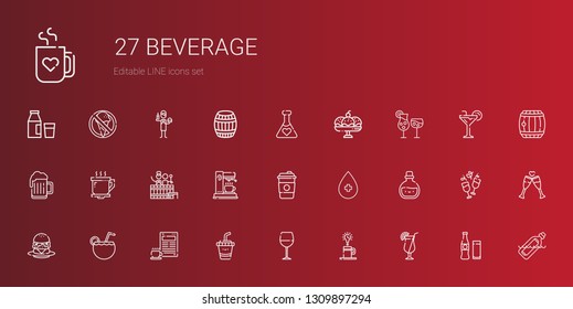 beverage icons set. Collection of beverage with cocktail, coffee, wine glass, drink, burger, potion, alcohol, coffee maker, barrel, coffee cup. Editable and scalable beverage icons.