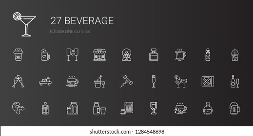 beverage icons set. Collection of beverage with coffee, wine glass, milk, barrel, beans, cocktails, champagne glass, corkscrew, champagne. Editable and scalable beverage icons.