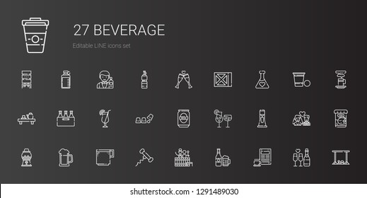 beverage icons set. Collection of beverage with coffee, beer, barrel, corkscrew, coffee cup, candy machine, milkshake, cocktails, cup, cocktail. Editable and scalable beverage icons.