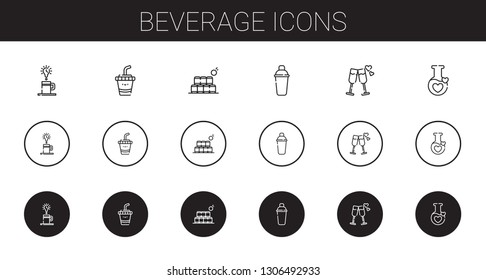 beverage icons set. Collection of beverage with coffee, drink, bottles, shaker, cheers, potion. Editable and scalable beverage icons.