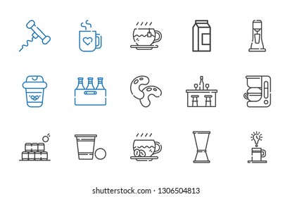 beverage icons set. Collection of beverage with coffee, jigger, beer pong, bottles, coffee maker, bar, beans, beer, milkshake, milk, tea. Editable and scalable beverage icons.