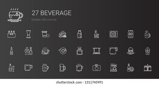 beverage icons set. Collection of beverage with coffee maker, lunchbox, coffee cup, beer, drink, mug, champagne, bar, whiskey, scotch, coffee. Editable and scalable beverage icons.