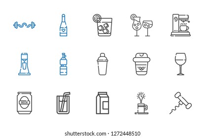 beverage icons set. Collection of beverage with corkscrew, coffee, milk, soda, beer, wine glass, shaker, bottle, milkshake, coffee maker. Editable and scalable beverage icons.