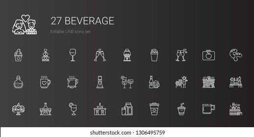 beverage icons set. Collection of beverage with drink, coffee, milk, bar, juice, champagne, cup, lemonade, beer, cocktails, milkshake, coffee cup. Editable and scalable beverage icons.