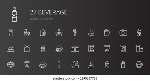 beverage icons set. Collection of beverage with smoothie, potion, champagne, champagne glass, coffee, cup, coffee maker, milk jar, drink. Editable and scalable beverage icons.