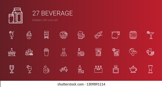 beverage icons set. Collection of beverage with whiskey, beer, vodka, tea, mug, juice, wine glass, fish food, potion, milkshake, newlyweds. Editable and scalable beverage icons.