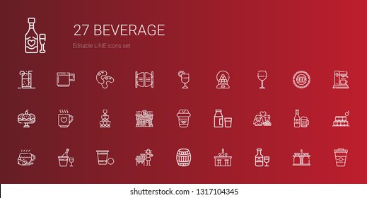 beverage icons set. Collection of beverage with wine, bar, barrel, lemonade, beer pong, champagne, coffee, newlyweds, milk, pub, drink, cup. Editable and scalable beverage icons.