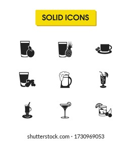 Beverage icons set with long island iced tea, ginger shot, martini elements. Set of beverage icons and vintage cognac concept. Editable vector elements for logo app UI design.