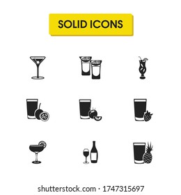 Beverage icons set with passion fruit juice, manhattan cocktail and vodka elements. Set of beverage icons and tekila shots concept. Editable vector elements for logo app UI design.