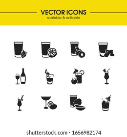 Beverage icons set with red wine, organic and pineapple juice elements. Set of beverage icons and delicious concept. Editable vector elements for logo app UI design.