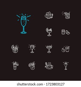 Beverage icons set. Red wine and beverage icons with apple juice, champagne and tequila sunrise. Set of vegetable for web app logo UI design.