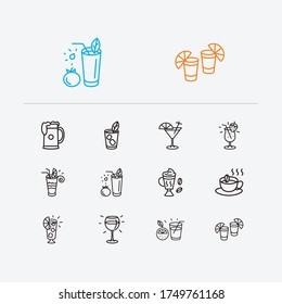 Beverage icons set. Strawberry colada and beverage icons with bloody mary cocktail, martini and beer mug. Set of vegetable for web app logo UI design.