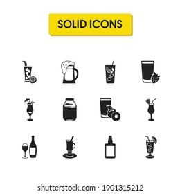 Beverage icons set with strawberry colada, mocha and kambucha elements. Set of beverage icons and fresh juice concept. Editable vector elements for logo app UI design.