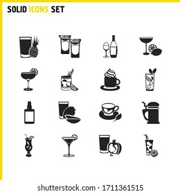 Beverage icons set with white wine, martini and tequila sunrise cocktail elements. Set of beverage icons and martini glass concept. Editable vector elements for logo app UI design.