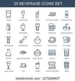 beverage icons. Trendy 25 beverage icons. Contain icons such as drink, wine glass, cup with heart, water bottle, milk, milkshake, beer mug, drink coconut. beverage icon for web and mobile.