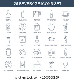 beverage icons. Trendy 25 beverage icons. Contain icons such as bottle, cleanser, tea cup, wine glass, soda, no drink, beer mug, baby bottle. beverage icon for web and mobile.