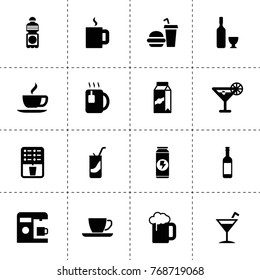 Beverage icons. vector collection filled beverage icons. includes symbols such as wine, coffee machine, coffee, tea, milk, energy drink. use for web, mobile and ui design.