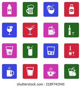 Beverage Icons. White Flat Collection In Square. Vector Illustration.