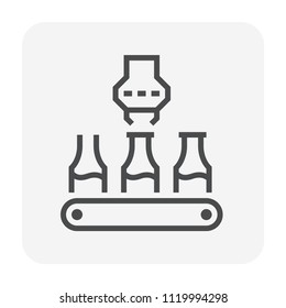 Beverage industry vector icon. That business process automation and technology consist of glass bottle packaging and robot hand to close bottle cap lid and manufacture produce drink product. 64x64 px.