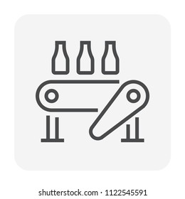 Beverage industry vector icon. That business process automation and technology consist of row bottle packaging on conveyor belt in production line to manufacturing or produce drink product. 64x64 px.