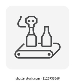 Beverage industry vector icon. That business process automation consist of row bottle on conveyor belt in production line and filling water or liquid in packaging to manufacture produce drink product.