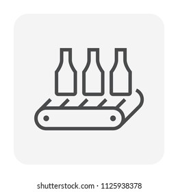 Beverage industry vector icon. That business process automation and technology consist of row glass bottle packaging on conveyor belt in production line to manufacturing or produce drink product.