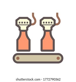 Beverage industry vector icon. That business process automation consist of row bottle on conveyor belt in production line and filling water or liquid in packaging to manufacture produce drink product.