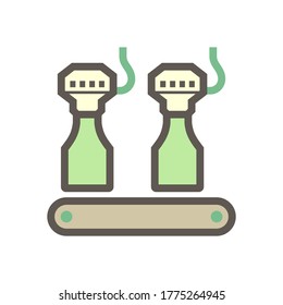 Beverage industry vector icon. That business process automation consist of row bottle on conveyor belt in production line and filling water or liquid in packaging to manufacture produce drink product.