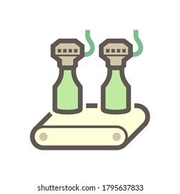 Beverage industry vector icon. That business process automation consist of row bottle on conveyor belt in production line and filling water or liquid in packaging to manufacture produce drink product.