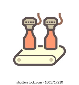 Beverage industry vector icon. That business process automation consist of row bottle on conveyor belt in production line and filling water or liquid in packaging to manufacture produce drink product.