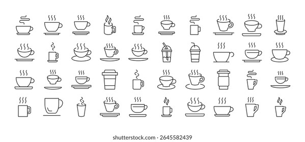 Coleção de Ícones de Linha de Bebidas. Placas de estrutura de tópicos para design gráfico e web, aplicativos, anúncios, várias cartas 
