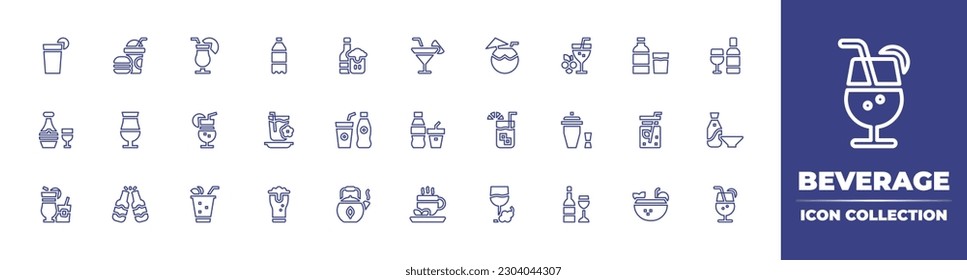 Beverage line icon collection. Editable stroke. Vector illustration. Containing beverage, fast food, summer, soda bottle, beer, cocktail, coconut drink, water, wine, bottle, tea, soda, cold drink.