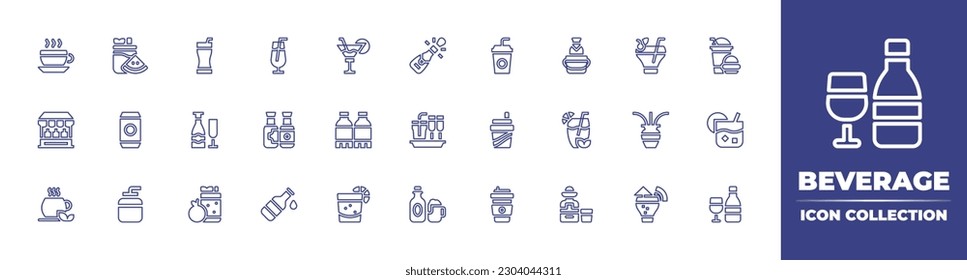 Beverage line icon collection. Editable stroke. Vector illustration. Containing black tea, watermelon smoothie, beverage, cocktail, champagne, shake, wine bucket, coffee, fast food, wine, beers, coke.