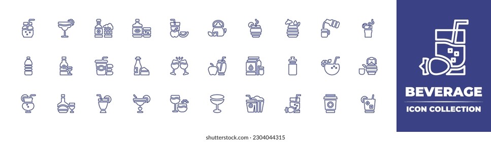 Beverage line icon collection. Editable stroke. Vector illustration. Containing smoothie, cocktail, beer, whiskey, juice, teapot, tequila sunrise, pouring, water bottle, wine, soft drink, toast.