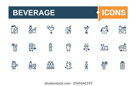 Beverage line web icon set. Featuring water, servers, alcohol, gin tonic, flat, sourcing and more. Perfect for logos and infographics. Outline and solid pictogram.