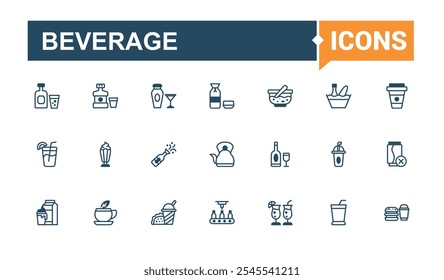 Beverage line web icon set. Featuring water, servers, alcohol, gin tonic, flat, sourcing and more. Perfect for logos and infographics. Outline and solid pictogram.