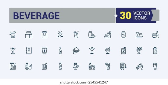 Beverage line web icon set. Includes icons for flute glass, vendors, hotels, catering, buffets, events, alcoholic, sourcing. Minimalist thin linear icon. Vector outline and solid icons collection.