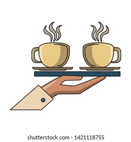 beverage liqueur and drink hand holding a tray with two big cups of coffee icon cartoons vector illustration graphic design