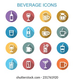 beverage long shadow icons, flat vector symbols