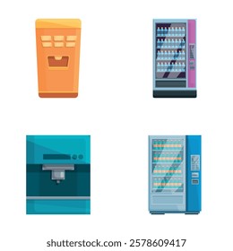 Beverage machine icons set cartoon vector. Various type of drink machine. Self service technology