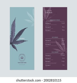 Beverage Menu Template Design, Cannabis Leaves On Blue And Purple