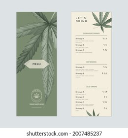 Beverage Menu Template Design, Dark Red Cannabis Leaves On Green And Brown