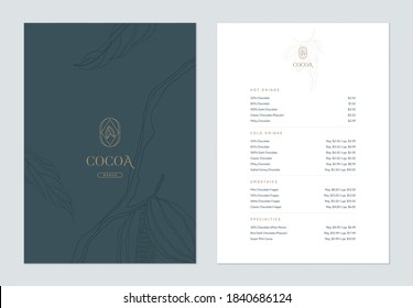 Beverage menu template design, line art illustration of cocoa beans in blue tone