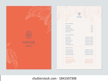 Beverage menu template design, line art illustration of cocoa beans in bright red tone
