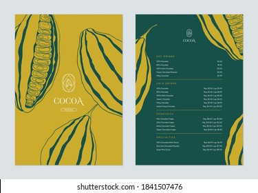 Beverage menu template design, line art illustration of cocoa beans in green and yellow 