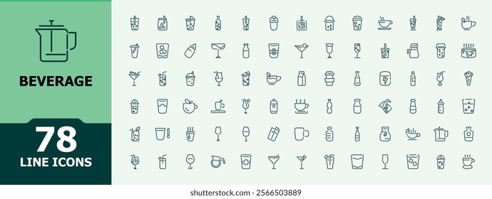 Beverage minimal icon set. Includes thin line drink, food, hot, milk, ice, wine, tea, water, refreshment. Collection for mobile and web apps. Vector illustration in modern line style.