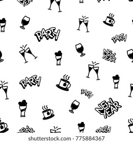 Beverage new year party doodle pattern black and white