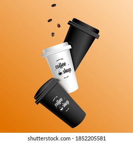 Beverage package mockup design for branding. Black and white coffee disposable cups in the air. Paper Coffee Cup Mockup With Lid. Three Cups. Modern vector illustration