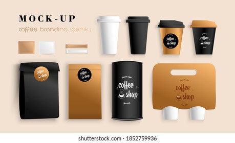 Diseño de simulación de paquetes de bebidas para la marca. Café blanco y negro, paquete, soporte, azúcar. Cronología con el logo. Ilustración vectorial moderna 